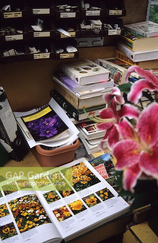 Gardening reference books and labels at Forest Lodge garden centre in Surrey