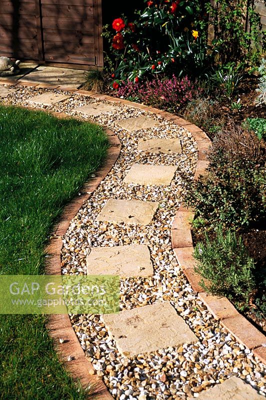 GAP Gardens - Gravel Path with brick edging and square slab inlays