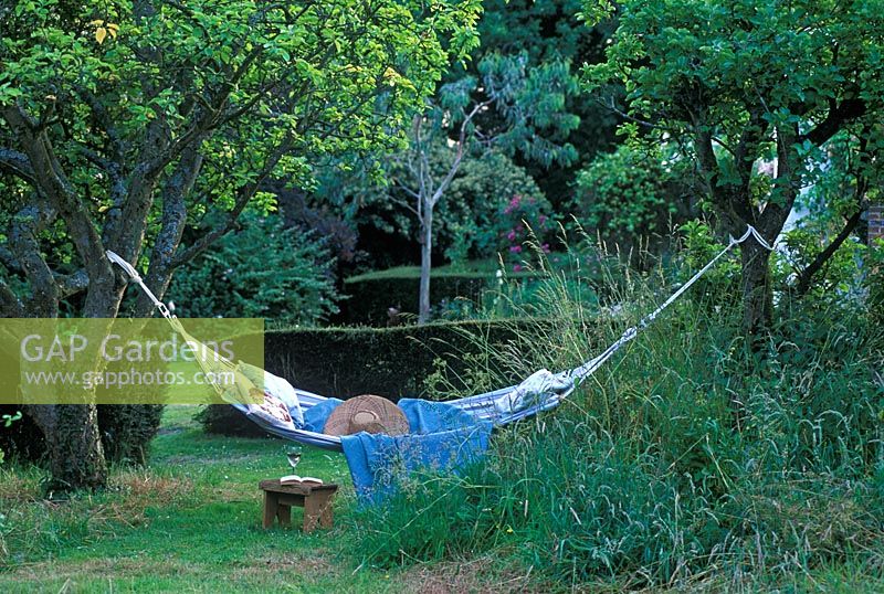 Striped Hammock with cushions hanging from old fruit trees at Rose Cottage