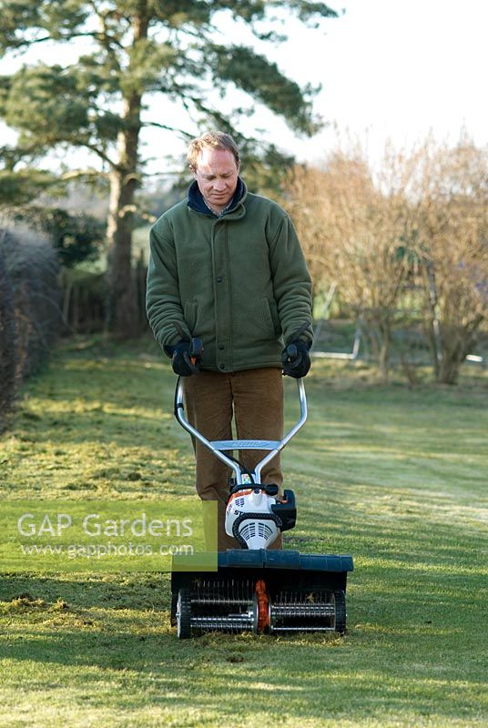 Man removing moss and thatch from the grass with a petrol powered scarifyer in March