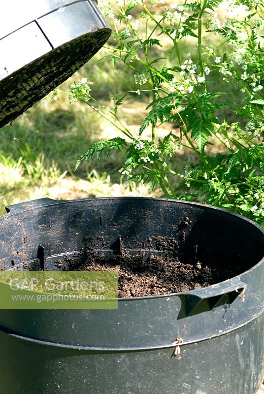 Wormery (Worm Tower or Can-o-worms) used to turn garden and kitchen waste into garden compost by the action of worms. Bottom level tray - fully worked compost ready to harvest. Once harvested this tray becomes the new top level tray.