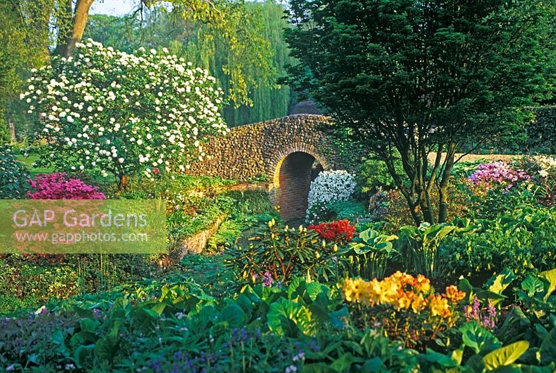 The Dell Garden, Bressingham, Norfolk -  View of flint bridge built by Alan Bloom with mixed borders with perennials, shrubs and bulbs either side