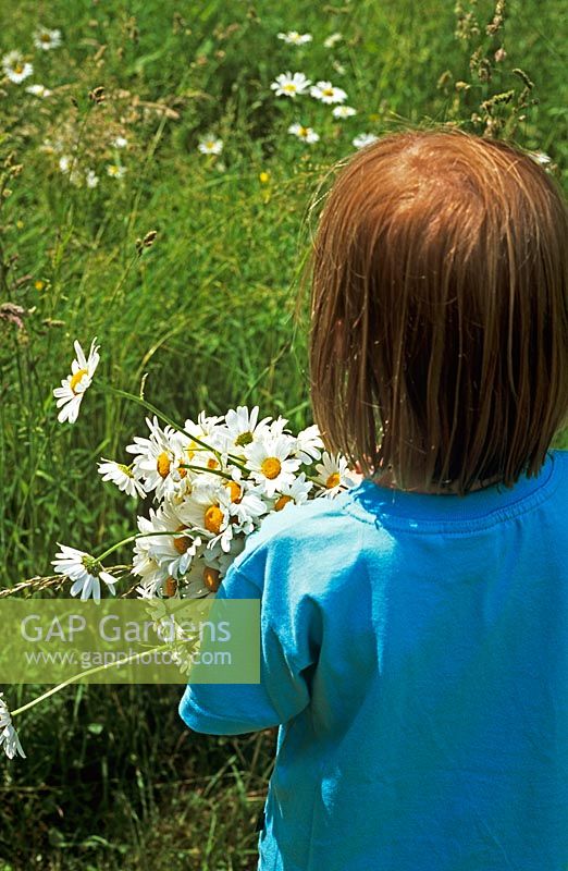 Young girl holding bunch of daisies