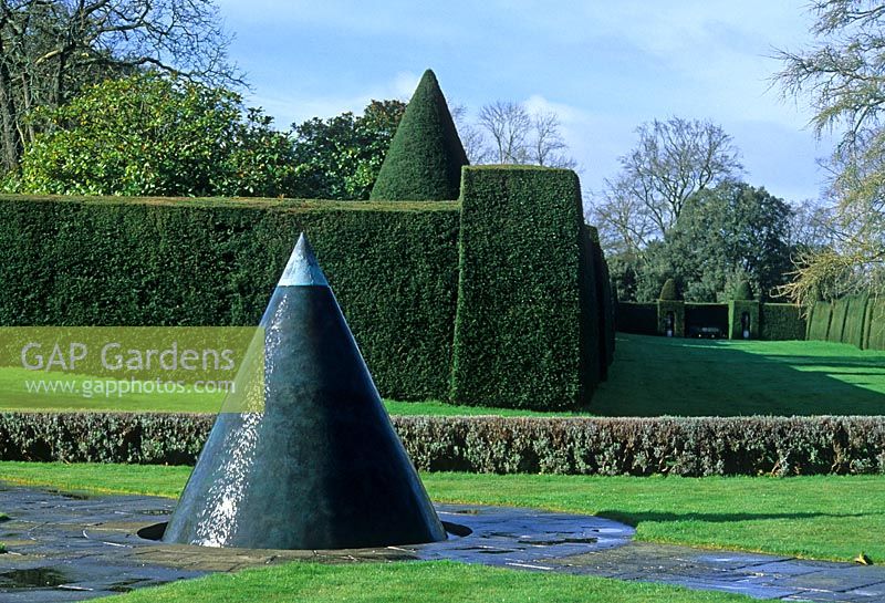 Obelisk water feature by William Pye - Yew hedge in background - Antony House, Torpoint, Cornwall

