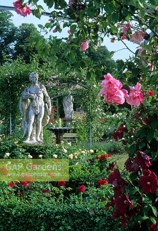 Statue in rose garden - The Walled Garden, Houghton Hall, Norfolk