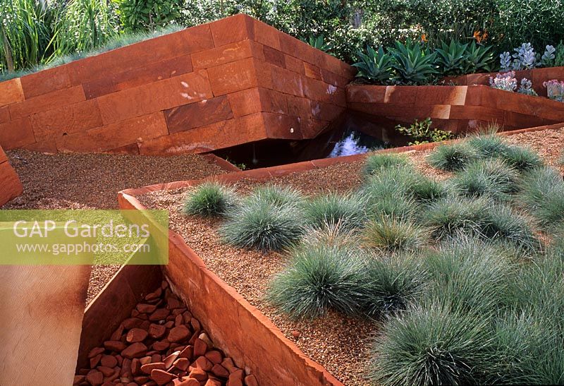 Contemporary garden with angular walls, water feature and raised gravel bed of Festuca - Sydney