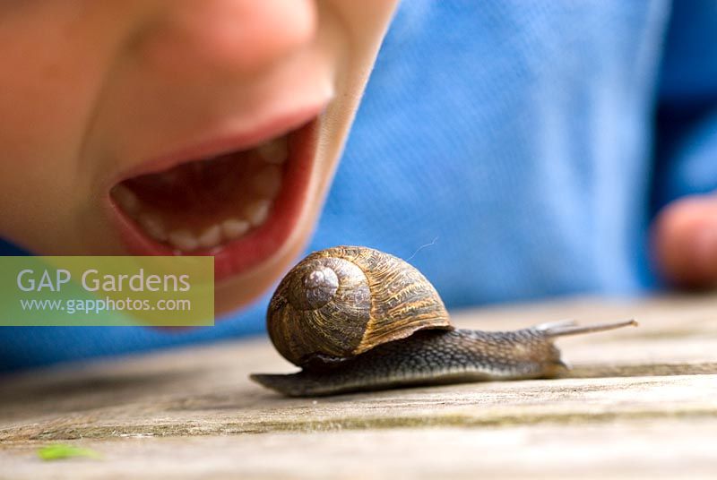Young boy pretending to eat a snail