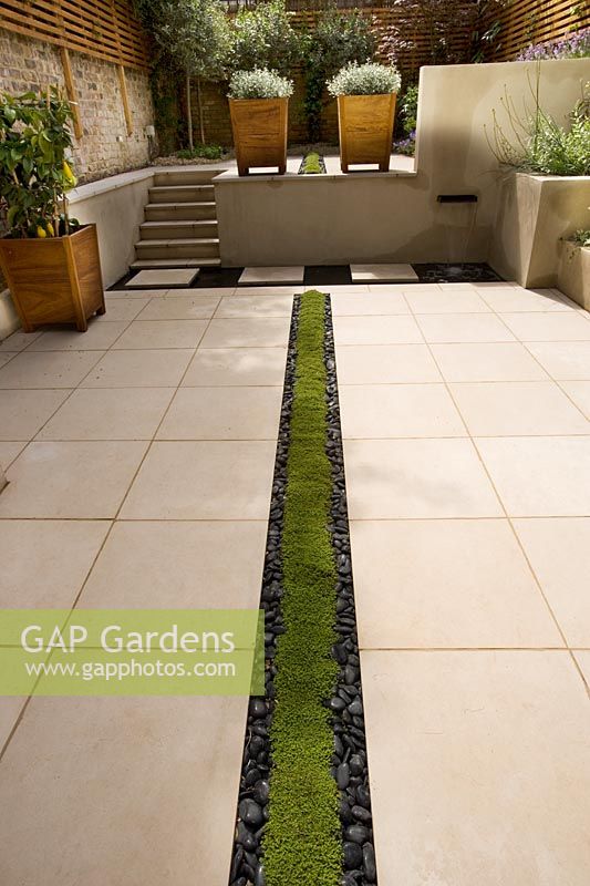 Modern garden with planted rill edged with polished black pebbles, designed by Charlotte Rowe