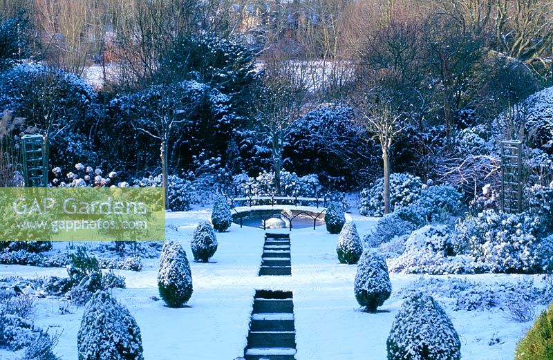 The rill garden covered in snow with Thuja orientalis 'Aurea Nana' and Sorbus aria 'Lutescens' - Eastleach House, Gloucestershire 