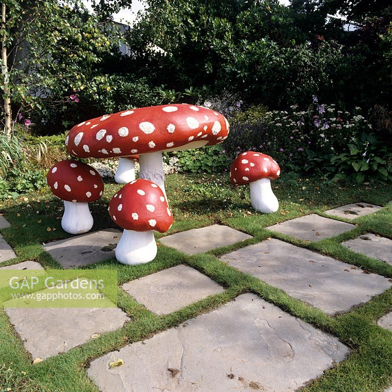Sculptured mushrooms in garden setting - 'Garden of Reflection' Hampton Court