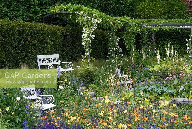 Garden inspired by Karl Foerster. White seats, steel pergola with Rosa 'Bobby James', Geum 'Prinses Juliana', Aquilegia chrysantha 'Yellow Queen', Salvia x sylvestris 'Mainacht'.  The Daily Telegraph Garden, RHS Chelsea 2007