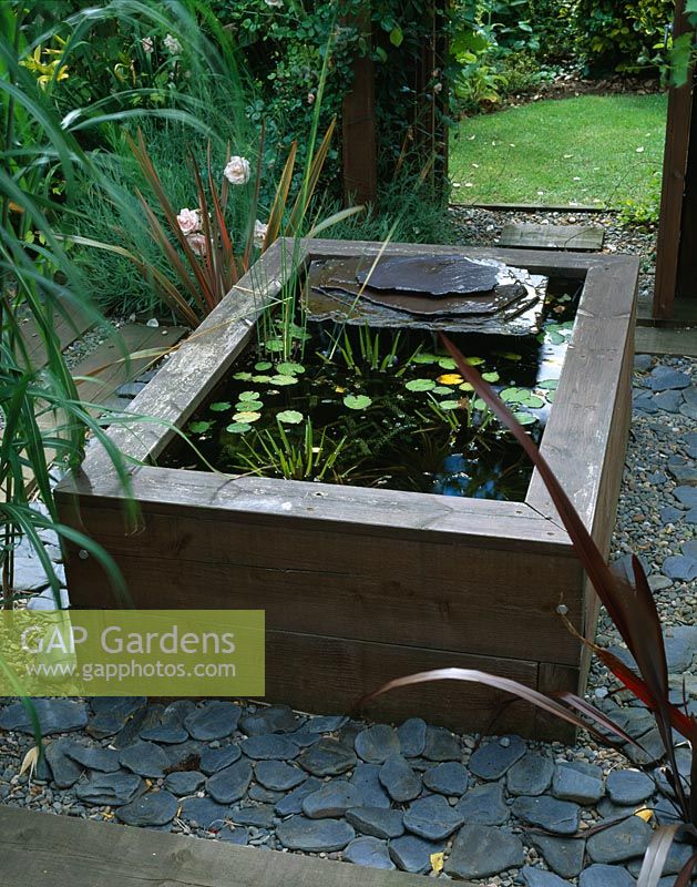 GAP Gardens - Raised wooden pond with Nymphaea and slate 