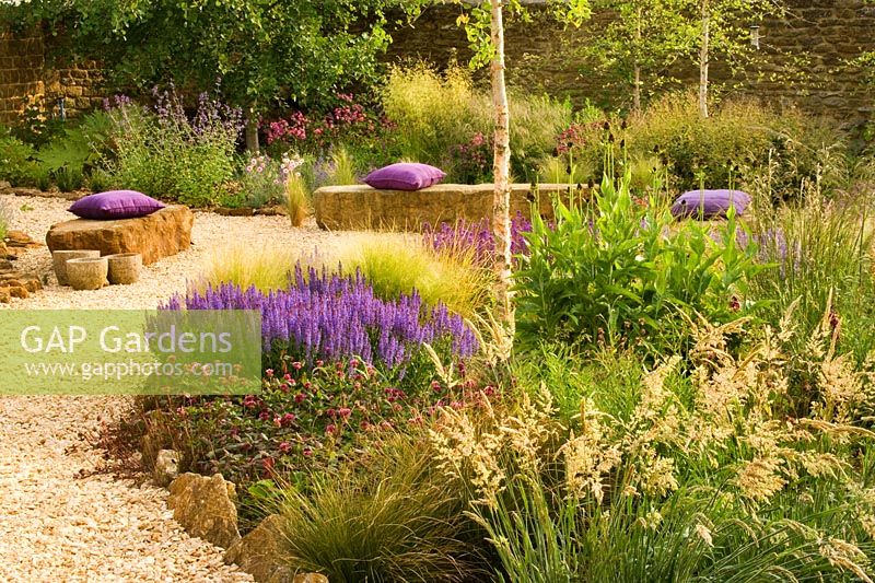 The gravel garden with rock seats, cushions, Trifolium repens 'William', Salvia x superba, Stipa tenuissima and  Rudbeckia 'Green Wizard'