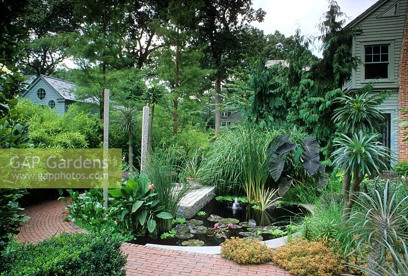 Tropical style suburban front garden at Silas Mountsier's garden in New Jersey, USA