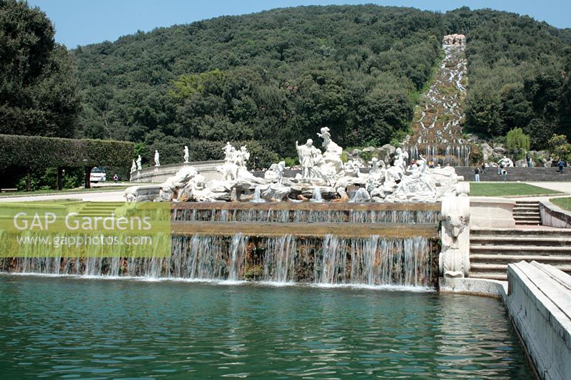 View of the fountain of Venus and Adonis with the Grand Cascade in the background. La Reggia, Caserta, Naples, Southern Italy.