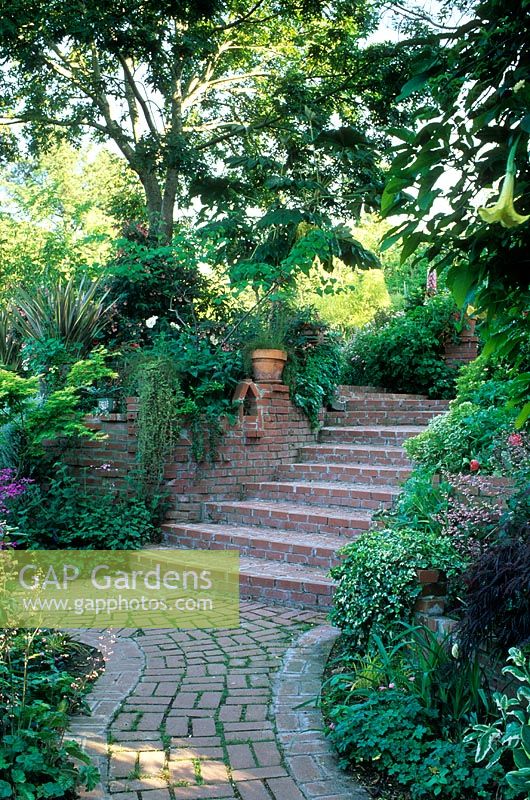 Winding brick path leading to flight of steps with raised beds - Berkeley, Ca. USA