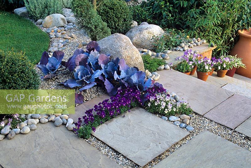 Ornamental cabbage and Violas amongst pebbles and natural stone slab paving