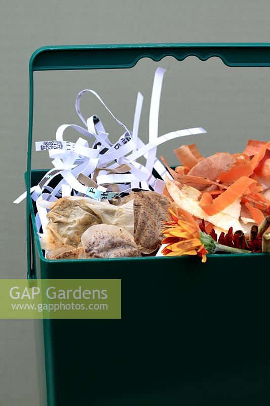 Shredded paper, vegetable peelings and teabags in kitchen waste bin ready for composting