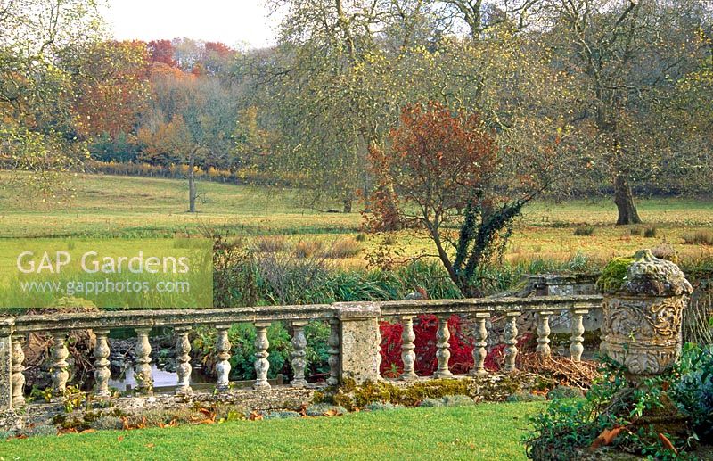 View over Boat Terrace balustrades to water meadows