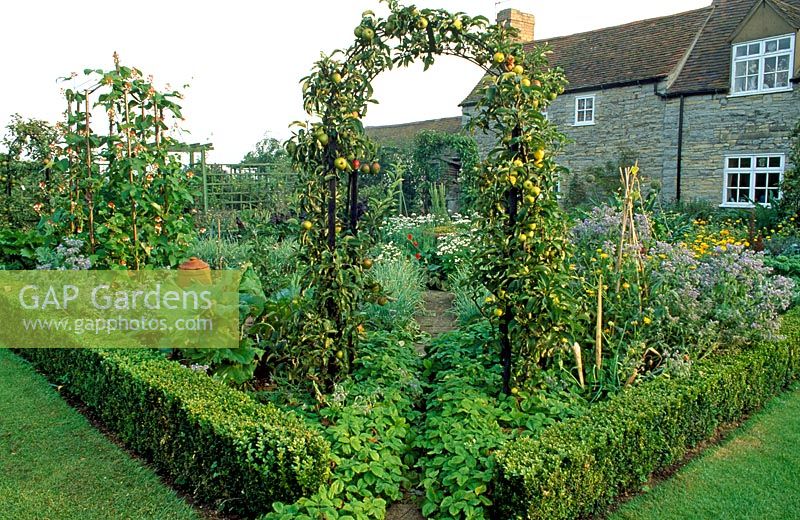 Apple arch and view of potager - Woodpeckers, Warwickshire