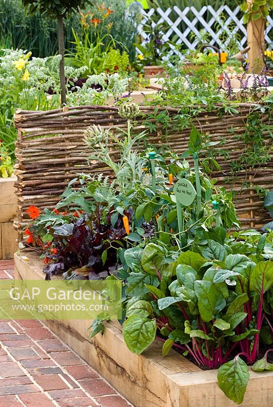 Raised vegetable bed in Dorset Cereals Edible Playground. Gold Medalist and Best in Show - RHS Hampton Court Flower Show 2008