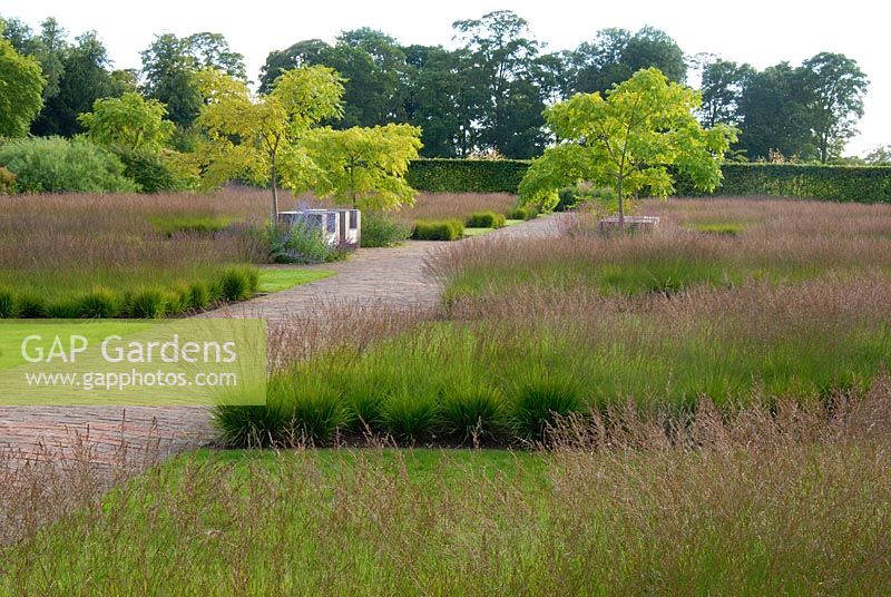 Drifts of grasses including Molinia caerulea ssp. Caerulea and seating area within The Walled Garden at Scampston Hall designed by Piet Oudolf