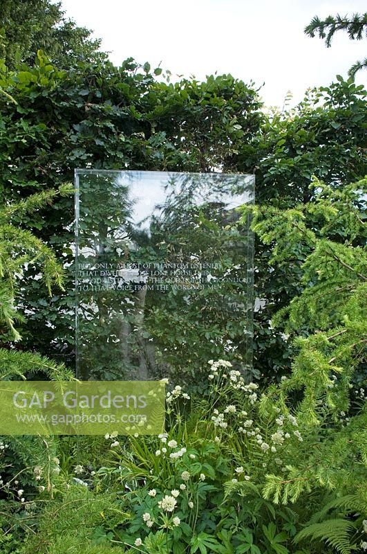 Glass panel backed by hedge used as focal point at end of path with green foliage planting. Design - Amanda Patton for APL and SGD The Traveller's garden - with Bradstone - RHS Hampton Court Palace Flower Show - Silver-gilt medal 