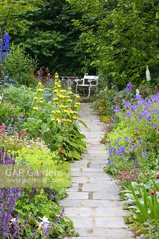 Mixed summer borders of Delphiniums, Phlomis russeliana, Alchemilla mollis, Nepeta 'Walker's Low', Geranium 'Johnson's Blue' and Centranthus ruber leading to seating area