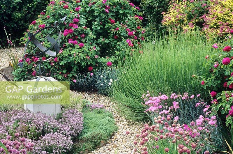 Sundial on plinth surrounded by Allium, Thymus and Rosa 