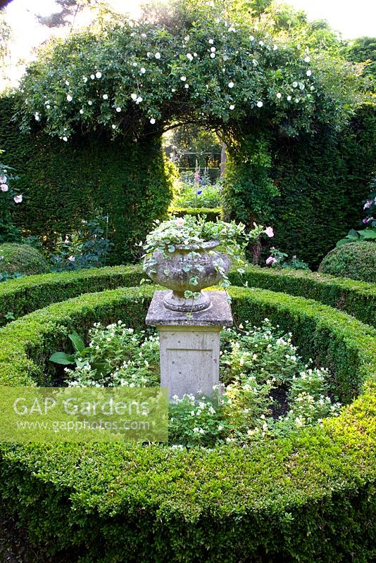 Formal rose garden with stone ornament and low clipped hedges in formal country garden