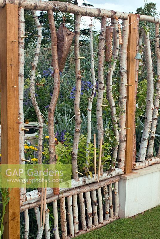 Silver birch branches used as screen in garden at RHS Hampton court Flower Show 2008

