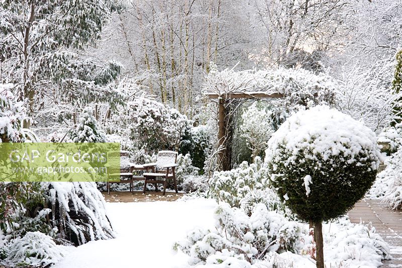 Snow in the cottage garden at Honeybrook House Cottage, Worcestershire