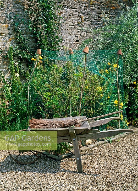 Rustic wooden wheelbarrow and besom in vegetable garden and Redcurrants under netting - Lawkland Hall, Yorkshire
