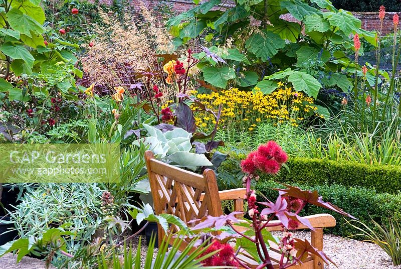 Seat with late summer herbaceous borders in walled garden
