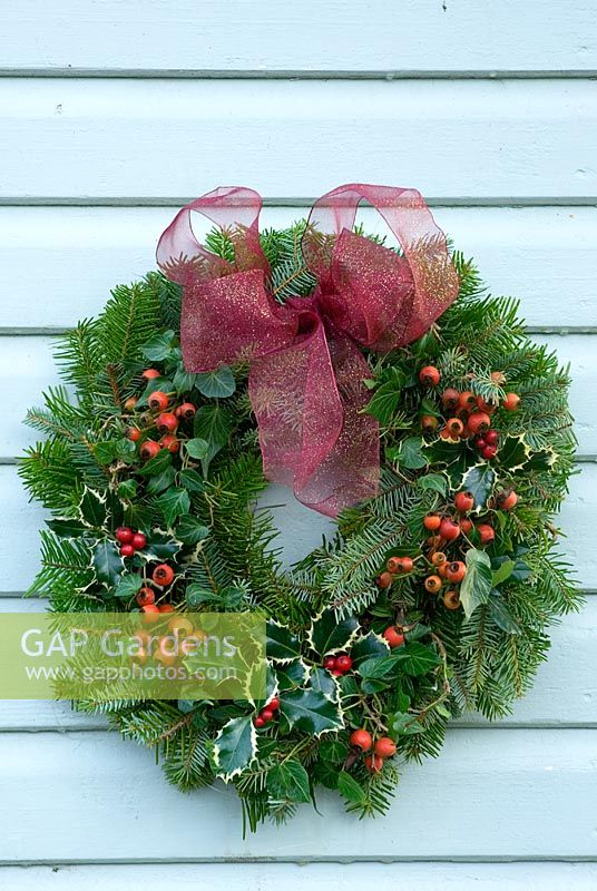 Pine Christmas wreath with holly and rosehips