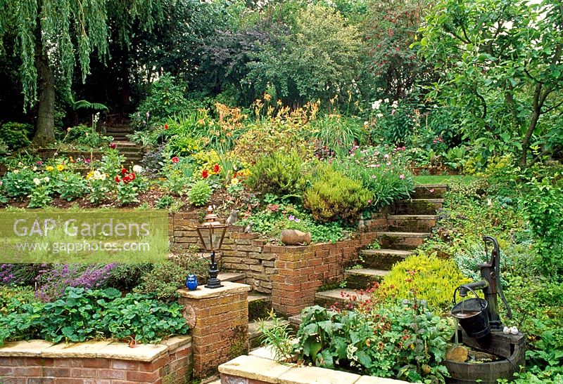 Steps up terraced garden with brick raised beds of lavenders and strawberry plants at ground level, dahlias on next level, and old water pump feature on right - 28A Braces Lane, Bromsgrove, Worcestershire