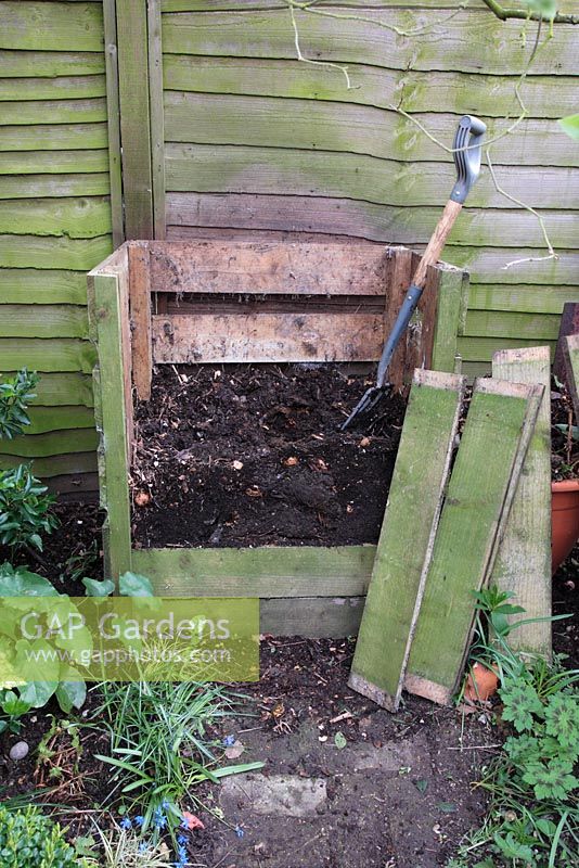 Turning out compost in Spring, brick path leading to compost bin in shady corner of town garden - Step by step of removing more slats to get to bottom rich layers