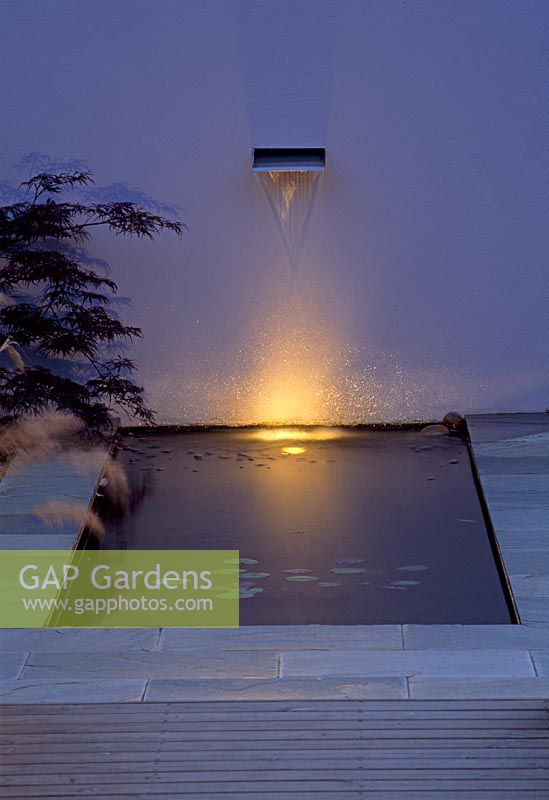 Water feature and pond in a minimal garden, painted wall and night lighting with Acer