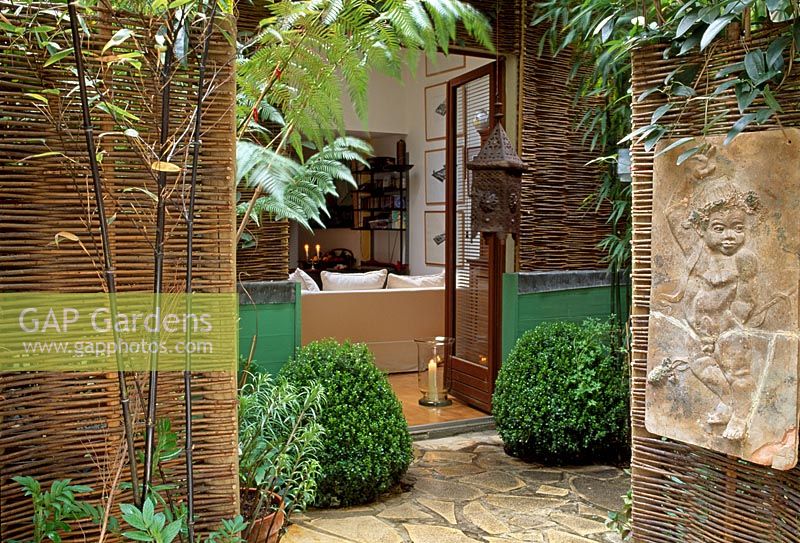 Small Paris garden with woven screens creating an entrance and enclosing the garden, plants include box, tree fern and bamboo
