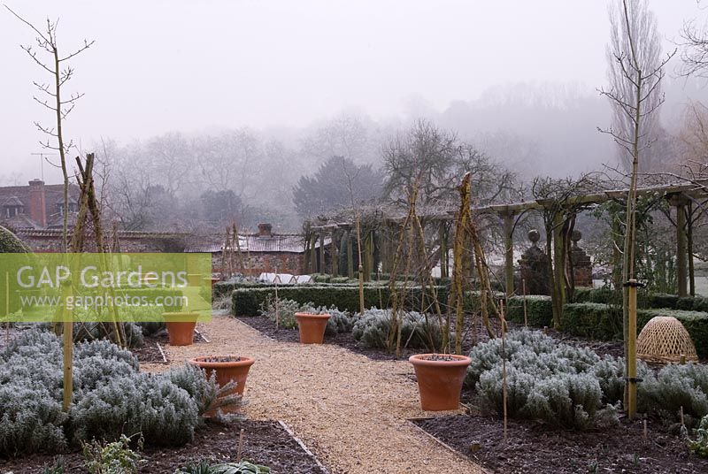 The walled vegetable garden in frost, Heale House Gardens, Wiltshire