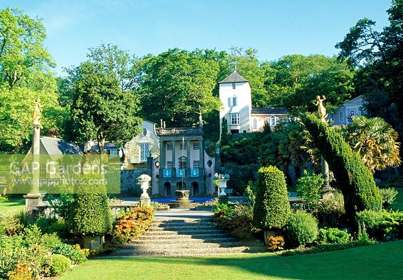 The Village - View across the Piazza to the Gloriette and Telfords Tower - Portmeirion, Gwynedd, Wales