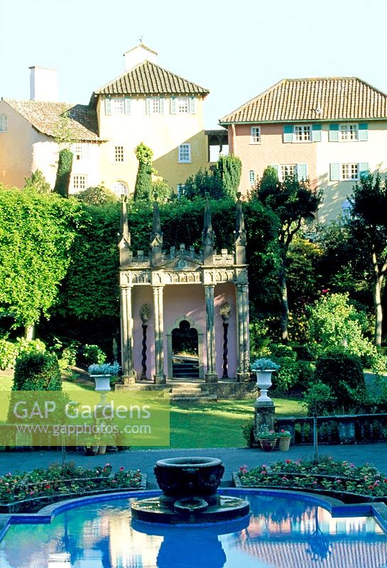 The Village - View of the pool and Gothic Pavillion in the Piazza taken from the Gloriette - Portmeirion, Gwynedd, Wales