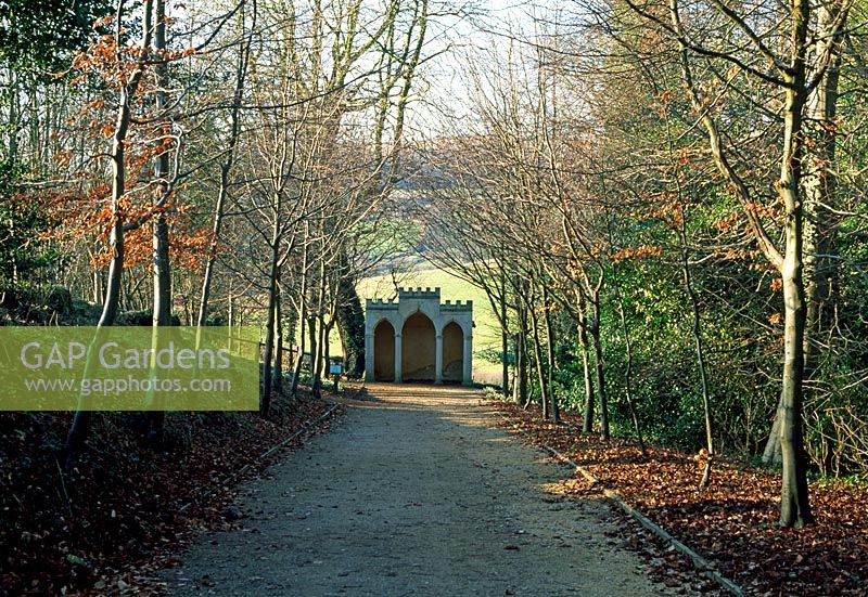 View down the Beech Walk to the Gothic Alcove - Painswick Rococo Garden, Painswick, Gloucestershire in February