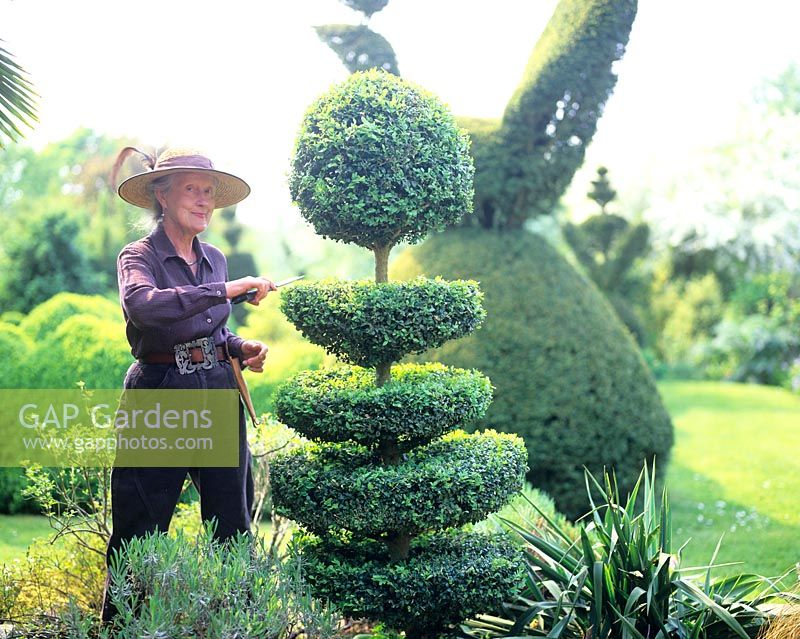 Charlotte Molesworth clipping topiary in her garden, Kent