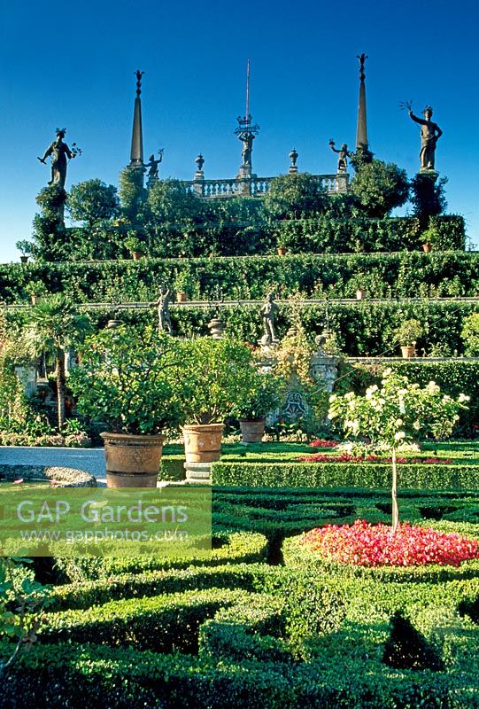 View over the Formal Parterre to the terraces facing the lake at the south side of the garden - Isola Bella, Lake Maggiore, Italy