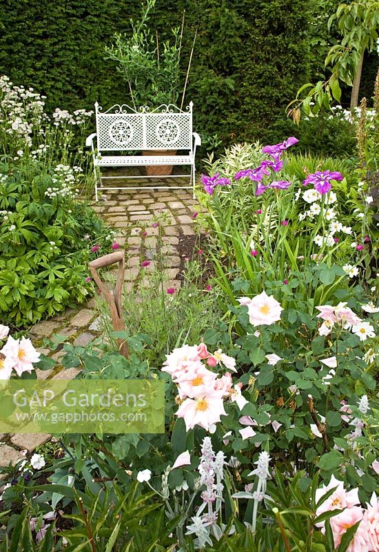 Perennial borders with brick path leading to ornate white bench - Wilkins Pleck, NGS, Whitmore near Newcastle-under-Lyme in North Staffordshire 
