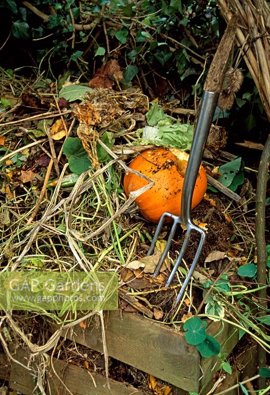 Compost heap with garden fork and pumpkin