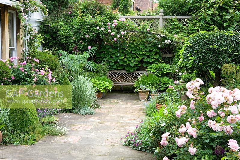 Terrace with wooden bench seat and decorative paving. Rosa 'Ispahan' to left and R. 'Felicia' to right. High trellis boundary with climbers.