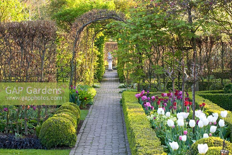 Path leading to sculpture in formal country garden with mixed tulips
