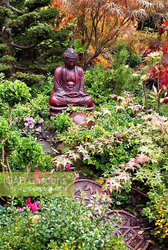 Statuary in Japanese style garden in autumn with Acers and many deciduous trees and shrubs grown for their foliage, showing stunning autumnal tints and hues - Four Seasons Garden NGS, Walsall, Staffordshire 